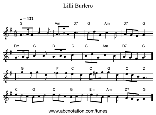 Lilli Burlero - staff notation
