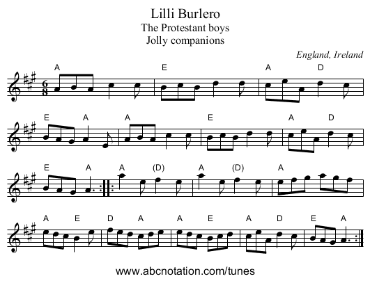 Lilli Burlero - staff notation