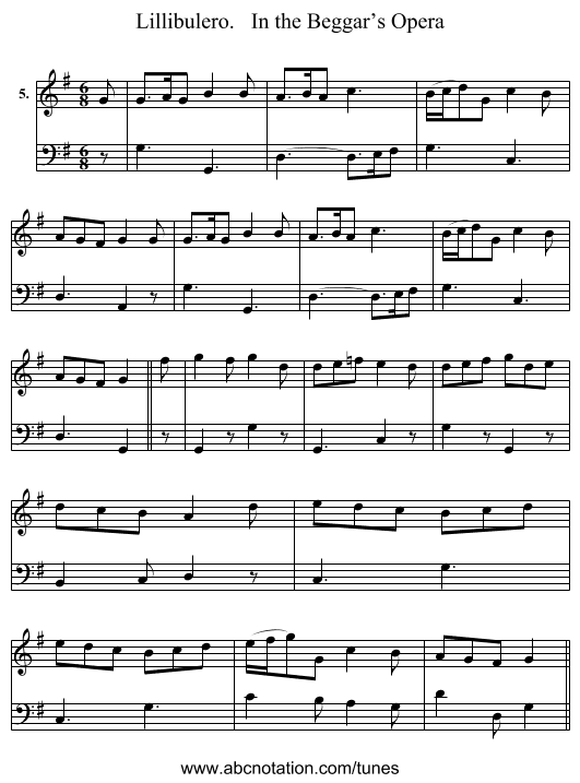 Lillibulero.   In the Beggar’s Opera - staff notation