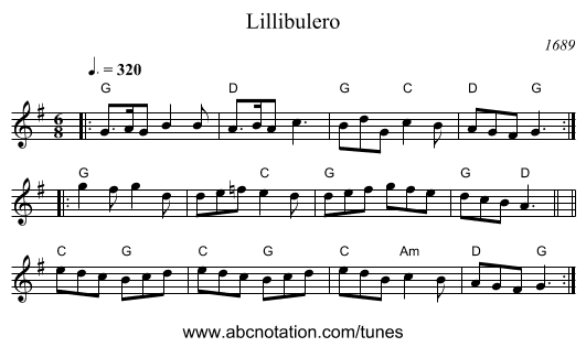 Lillibulero - staff notation