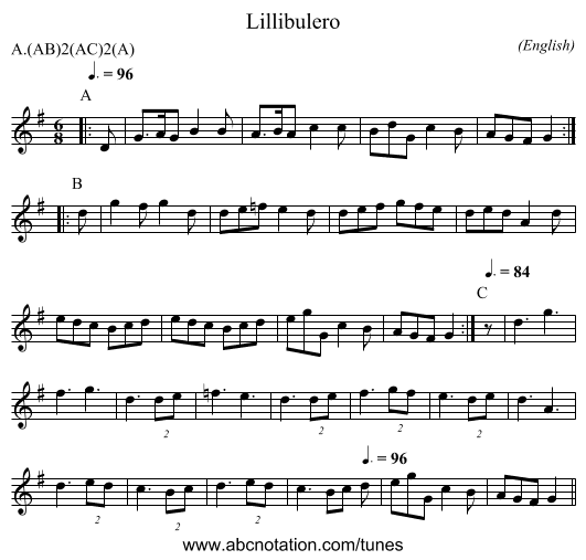 Lillibulero - staff notation