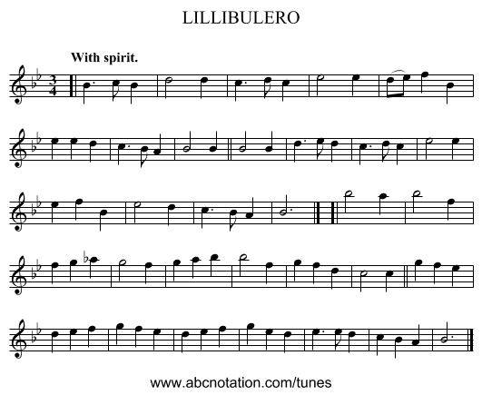 LILLIBULERO - staff notation