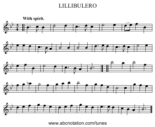 LILLIBULERO - staff notation