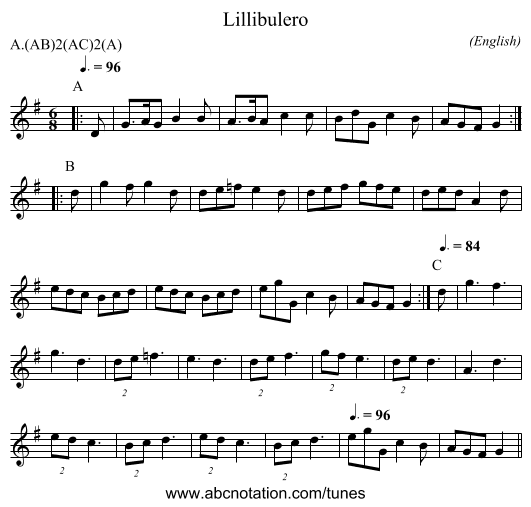 Lillibulero - staff notation