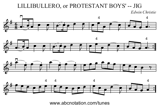 LILLIBULLERO, or PROTESTANT BOYS' -- JIG - staff notation