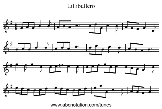 Lillibullero - staff notation