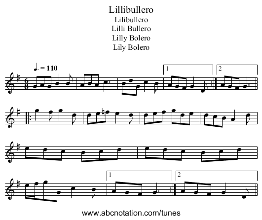 Lillibullero - staff notation