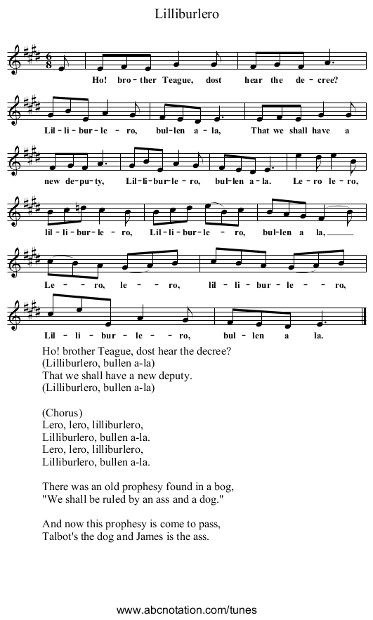 Lilliburlero - staff notation