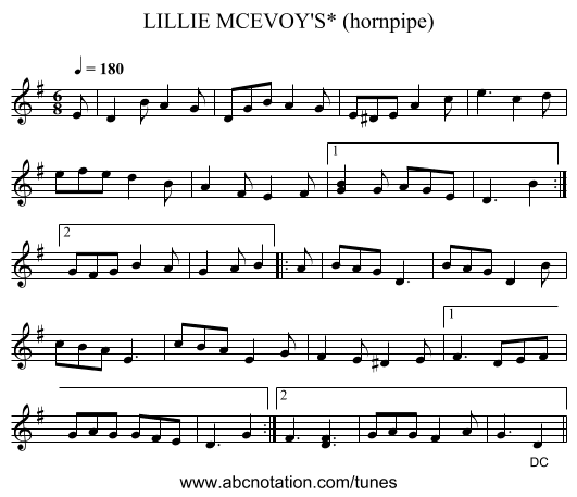 LILLIE MCEVOY'S* (hornpipe) - staff notation