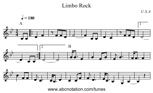 Limbo Rock - staff notation