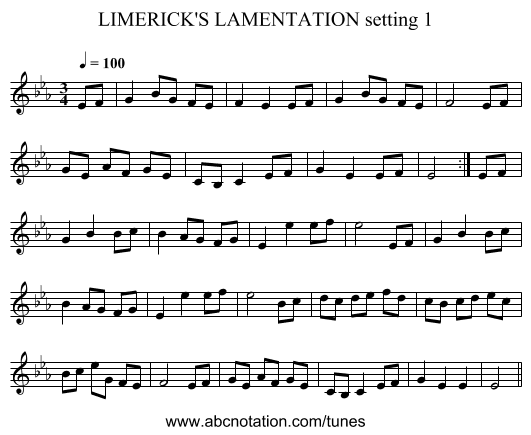 LIMERICK'S LAMENTATION setting 1 - staff notation