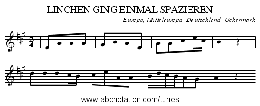 LINCHEN GING EINMAL SPAZIEREN - staff notation