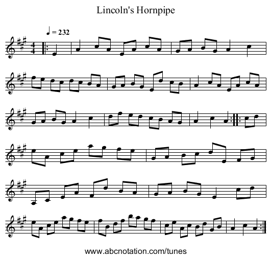 Lincoln's Hornpipe - staff notation