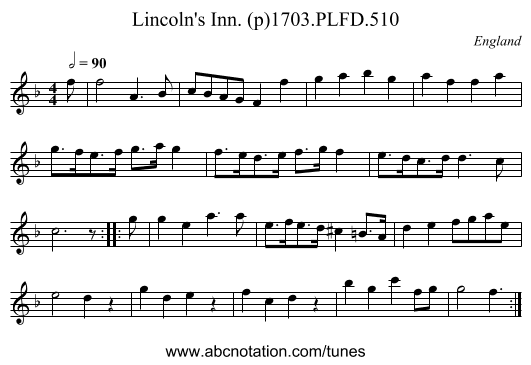 Lincoln's Inn. (p)1703.PLFD.510 - staff notation
