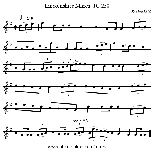 Lincolnshire March. JC.230 - staff notation