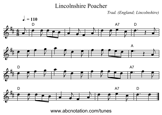 Lincolnshire Poacher - staff notation