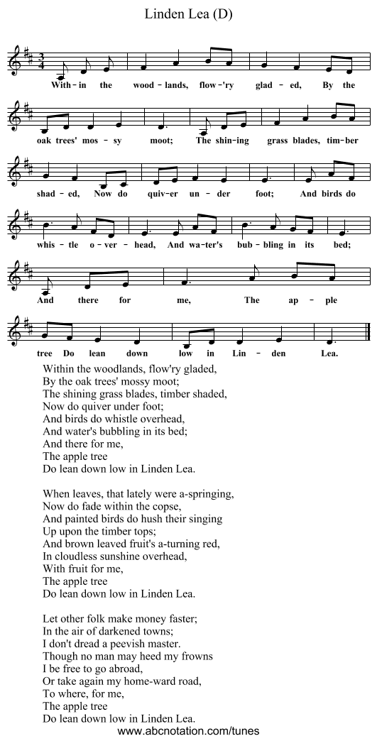 Linden Lea (D) - staff notation
