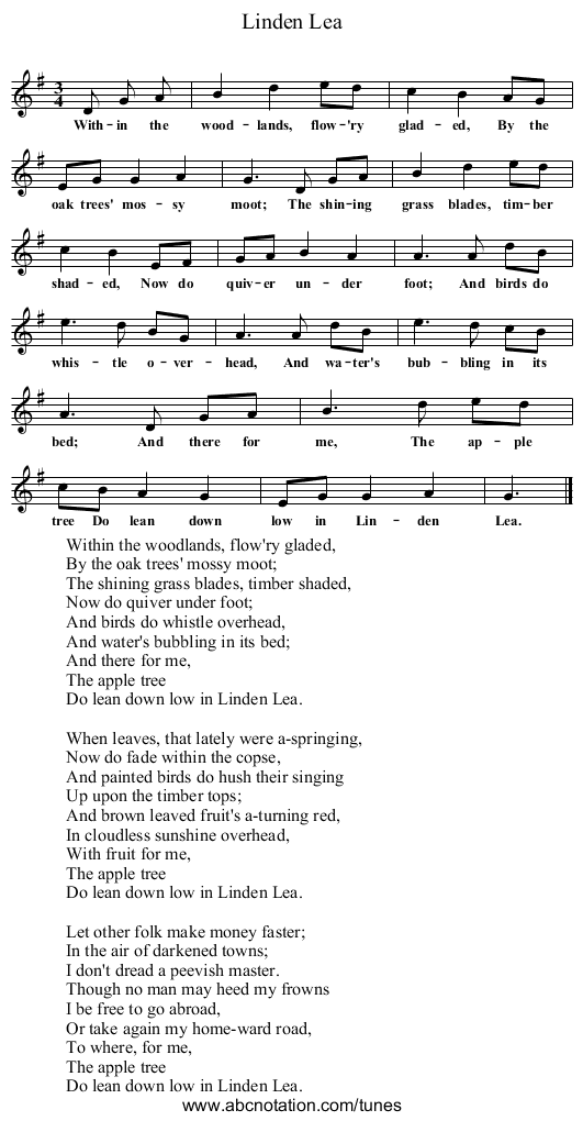 Linden Lea - staff notation