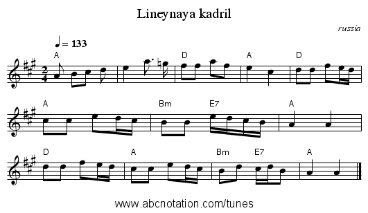 Lineynaya kadril - staff notation