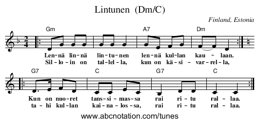 Lintunen  (Dm/C) - staff notation
