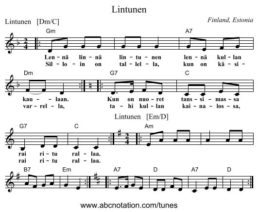Lintunen - staff notation