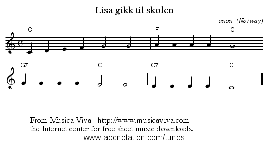 Lisa gikk til skolen - staff notation