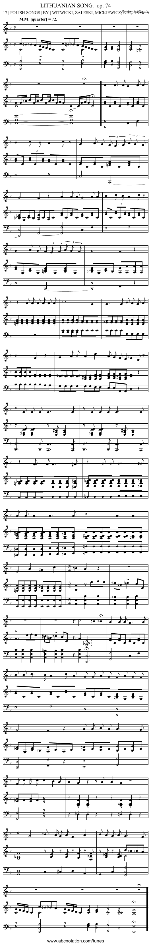 LITHUANIAN SONG. op. 74 - staff notation