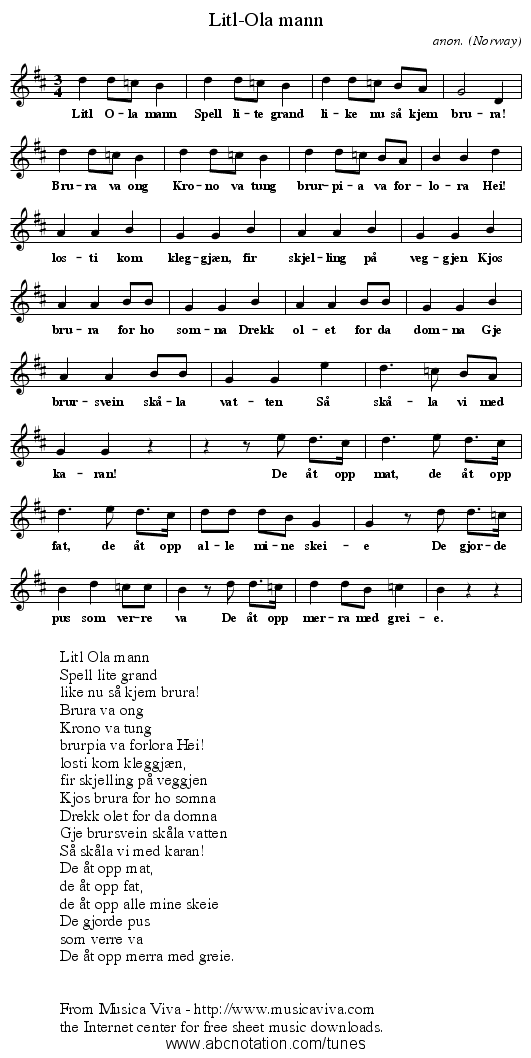 Litl-Ola mann - staff notation