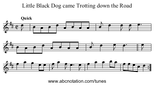 Little Black Dog came Trotting down the Road - staff notation