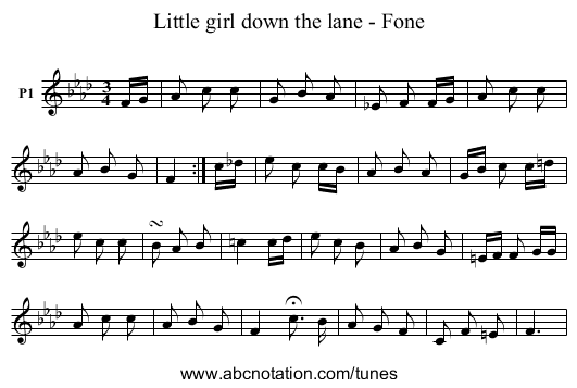 Little girl down the lane - Fone - staff notation