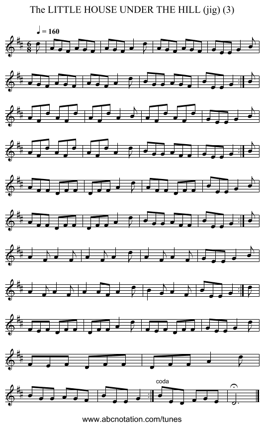 LITTLE HOUSE UNDER THE HILL (jig) (3), The - staff notation
