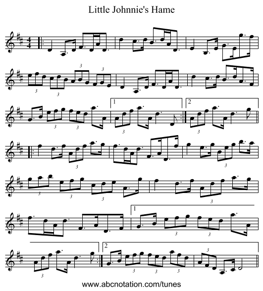 Little Johnnie's Hame - staff notation