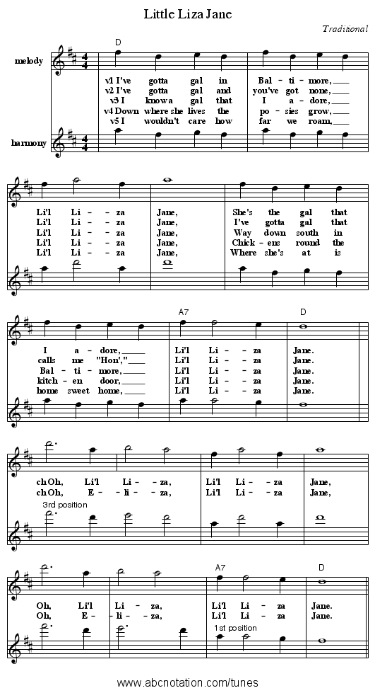 Little Liza Jane - staff notation