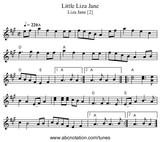 Little Liza Jane - staff notation