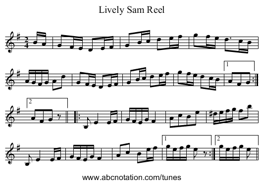 Lively Sam Reel - staff notation