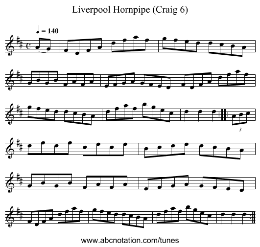 Liverpool Hornpipe (Craig 6) - staff notation