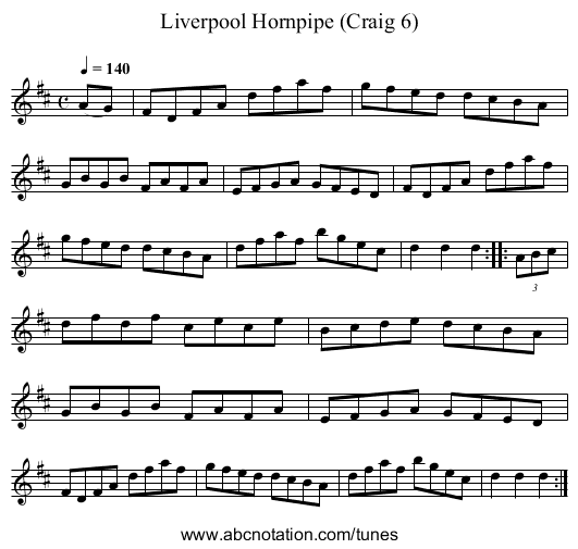 Liverpool Hornpipe (Craig 6) - staff notation