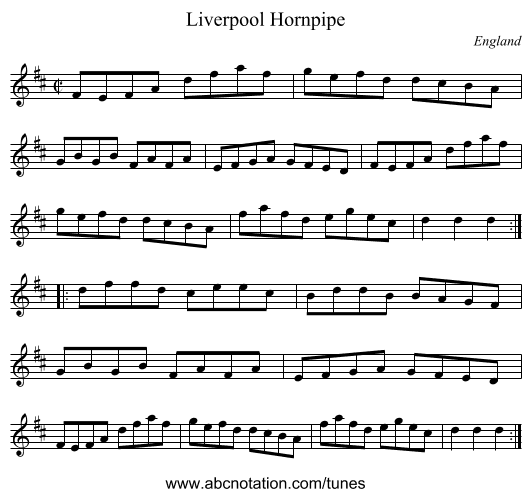 Liverpool Hornpipe - staff notation