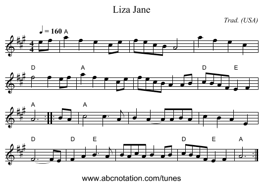 Liza Jane - staff notation