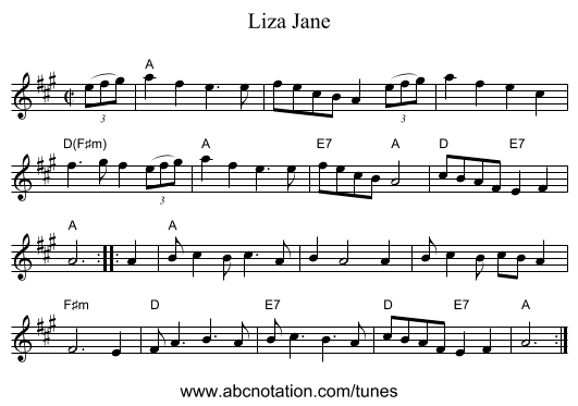 Liza Jane - staff notation