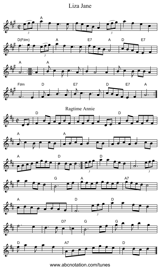 Liza Jane - staff notation