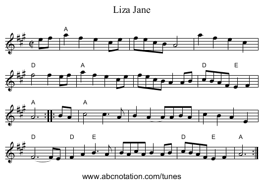 Liza Jane - staff notation
