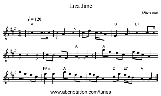 Liza Jane - staff notation