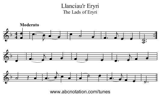 Llanciau'r Eryri - staff notation