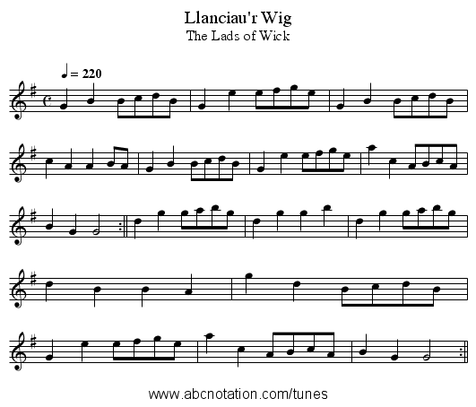 Llanciau'r Wig - staff notation