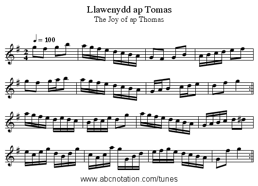 Llawenydd ap Tomas - staff notation