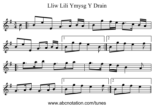 Lliw Lili Ymysg Y Drain - staff notation