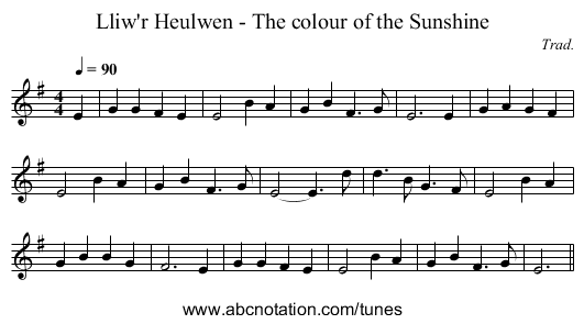 Lliw'r Heulwen - The colour of the Sunshine - staff notation