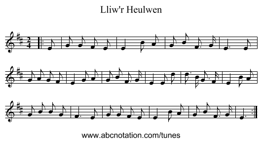Lliw'r Heulwen - staff notation