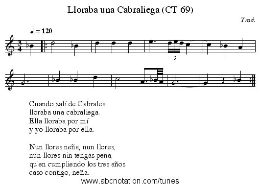 Lloraba una Cabraliega (CT 69) - staff notation